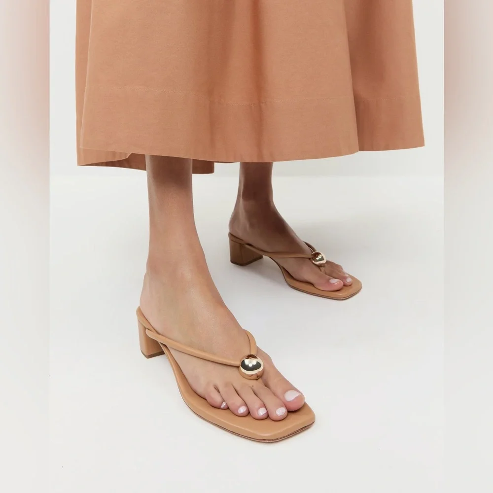 Loeffler Randall Tan Leather Toe-Post Sandals with Gold Dome - Picture 2 of 7